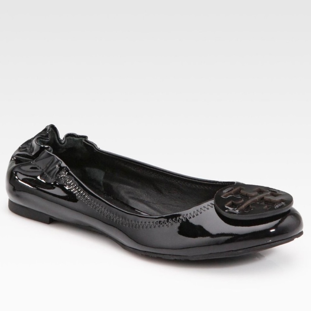 Tory Burch Black Patent Leather Reva Scrunch Ballet Flats Size 7.5